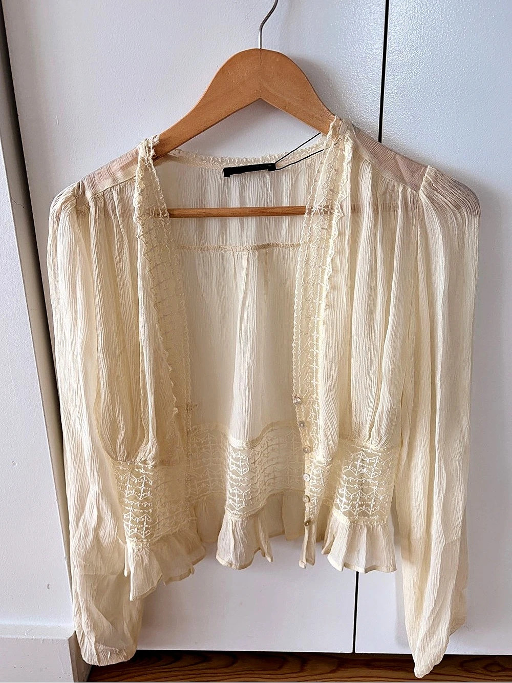 Ivory Sheer Lace Embroidered Ruffle Blouse Cardigan
